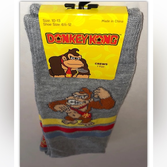 Donkey Kong Crew Socks 1 Pair Men 6.5-12 Gray Yellow Gamer Nintendo 8 Bit Mario - Picture 10 of 10